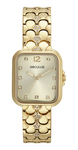 Relogio Seculus Feminino Dourado Quadrado Original Strass