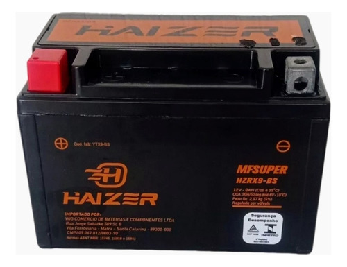 Bateria Moto Haizer 9ah 12v Hzrx9-bs  Ref. Yuasa Ytx9-bs
