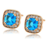 Aretes Oro 18k Lam Swarovski Aqua Cuadrado Regalo Mujer