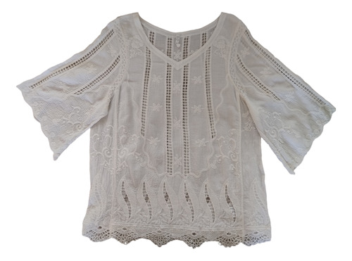 Blusa Camisola Boho Guipur Mujer Manga 3/4 Bordada Talle M/l