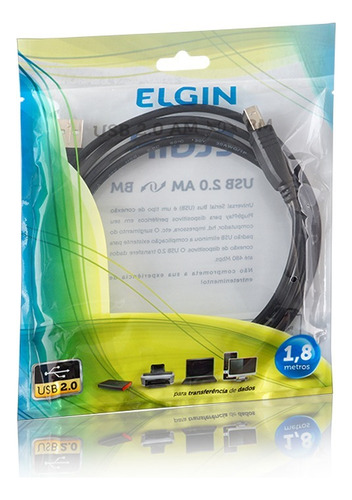 Cabo Usb 2.0 Am X Bm 1,8m 46rcusb2ab00 Elgin - P/ Impressora Cor Preto