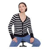 Sweater Mujer Negro Rayas Blancas Cardigan Corona