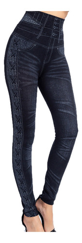Calça Feminina H Leggings Jeans Imitação Cintura Alta Latera