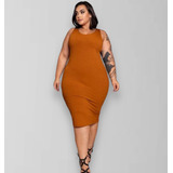 Vestido Canelado Tubinho Midi Regata Plus Size Feminino