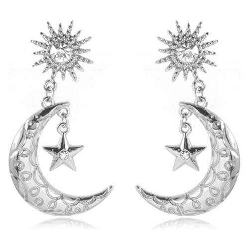 Aretes Pendientes Luna Grande Estrella Zirconia Mujer 