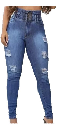 Calça Feminina Jeans Levanta Bumbum Com Lycra Cós Alto