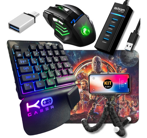 Kit Gamer Teclado One Hand E Mouse  + Kit Cel + Mouse Pad