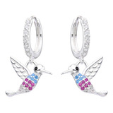 Aros Aritos Argollas Con Dije Colibri Multicolor Plata 925