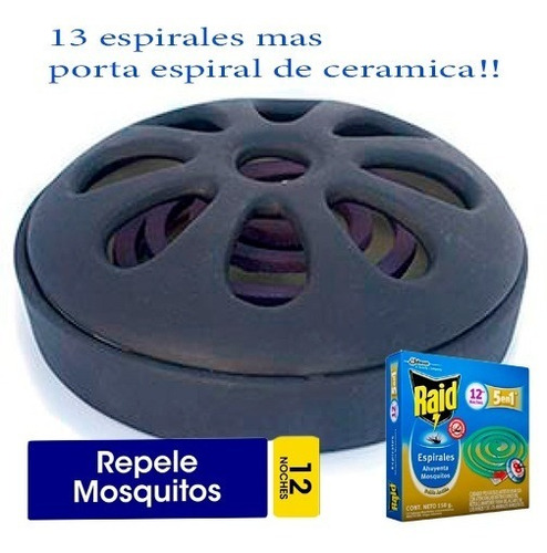 Porta Espiral Cerámica + Espirales Repelente Mosquitos Raid