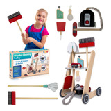 Carrito De Limpieza De Madera Juguete Para Niños Set De 7 Pz