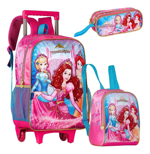 Kit Mochila Infantil Rodinha Feminina Princesas Escolar