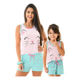 Kit 2 Pijamas Conjunto Mãe E Filha Gatinha Com Buchinha