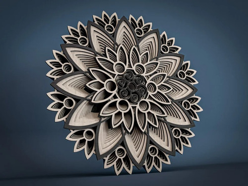 Cuadro Decorativo Multicapa Mandala Circular Flores Madera
