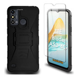 Funda Protector P/ Zte Blade A53 4g, Uso Rudo Clip C/ Mica Color Negro Zte Blade A53 4g