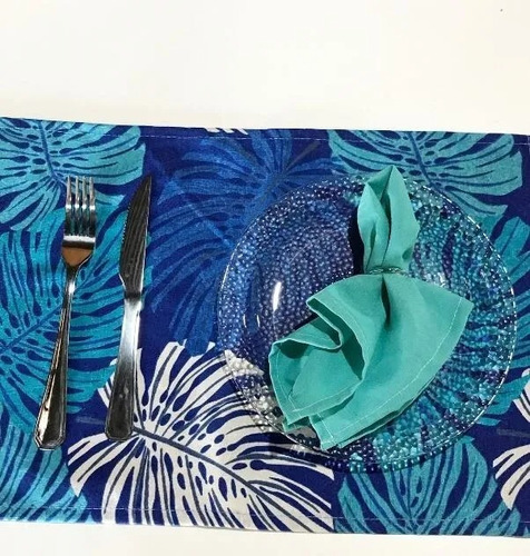 Kit Jogo Americano Premium Luxo Sousplat Jantar Sala Casa Laura Enxovais Desenho Folhas Azul 6 Peças