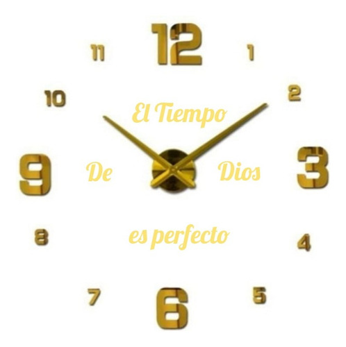 Reloj De Pared 3d 100 X 100cm Color Dorado + Frase En Vinilo