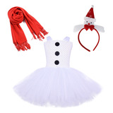 Vestido Infantil De Malla Muñeco De Nieve Blanco Navideño