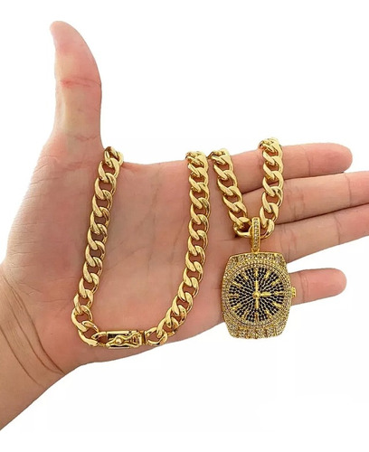 Corrente Pitbull 10mm + Pingente Relógio  Banhado A Ouro 18k