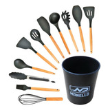 Kit 12 Utensílios Silicone Cozinha Cabo De Madeira C/balde Cor Preto