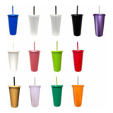 50 Vasos Reusables Con Tapa Y  Popote 24oz De Colores