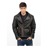 Campera Rockera Gastada De Cuero Vacuno Hombre Moderna Rg