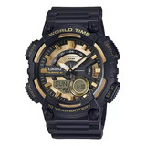 Reloj Casio World Time Black & Gold Original Color De La Correa Negro Color Del Bisel Negro Color Del Fondo Dorado