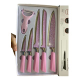 Jogo Facas Chef Profissional De Cozinha 6 Pçs Antiaderente Cor Rosa