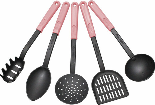 Kit Utensílios De Cozinha 5 Peças Nylon Cabo Rosa Grande