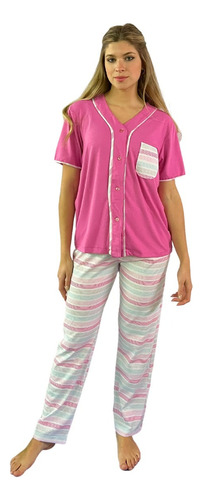 Pijama De Mujer Abotonado Manga Corta Y Pantalón Largo. 3520
