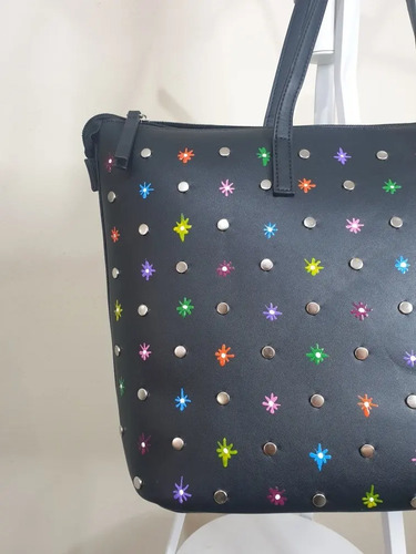 Tote Bag Negra Con Diseño Flores