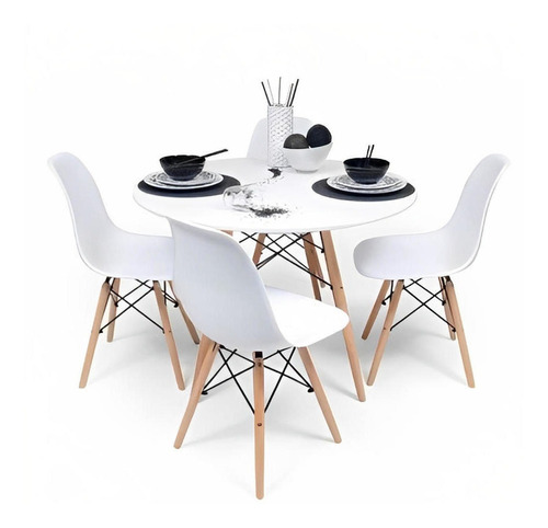 Comedor Mesa Eames Redonda Blanca 100cm + 4 Sillas Eames Bla