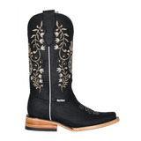 Botas Vaqueras Para Dama 100% Piel, Negras Bordado Flor