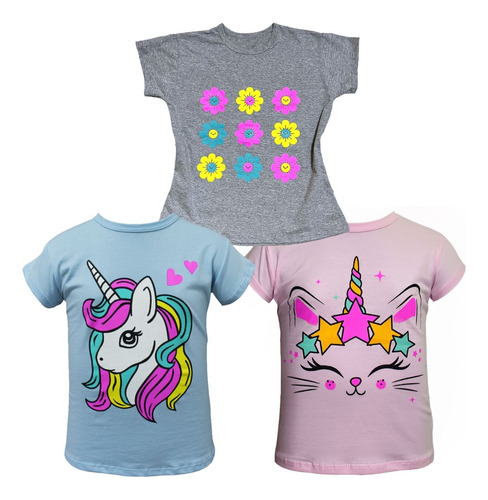 Kit 3 Camisetas Para Meninas Infantil Malha 100% Algodão