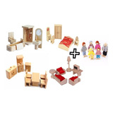 Completo Set Muebles Madera Casa Muñecas + Familia- Barbazar