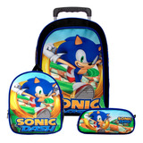 Mochila Escolar Sonic Jogo Rodinha Kit Lancheira+estojo