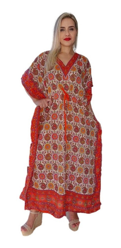 Vestido Kaftan Indiano Longo Estampado Plus Size-cod.18014a
