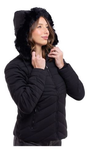 Casaco Feminino Puffer Preto Impermeável Com Capuz Removíve 