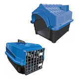 Casinha Plástica N3 + Caixa Transporte Pet Cão Gato Azul