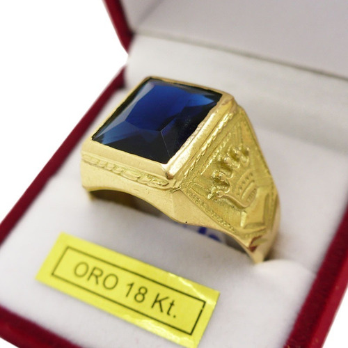 Anillo Sello Corona 5 Gr Hombre Oro 18 Kts Piedra Cubic Azul