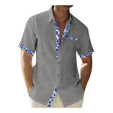 Camisa De Patchwork Floral Para Hombre, Manga Corta, Solapa,