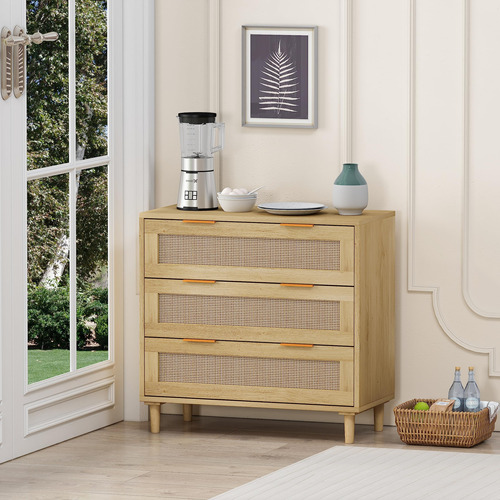 Eovtk 3 Drawer Dresser, 31.5 Rattan Storage Chest Wood Cabi.