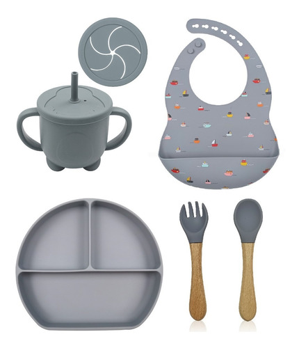 Set Alimentacion Bebe Silicona Completo Plato Triple Estampa