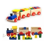 Tren Madera Locomotora 2 Vagones+20 Bloques Didáctico Niños