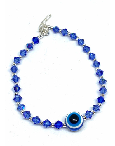 Pulsera Cristal Plata 925 Ojo Turco Protector 8 Mm Azul