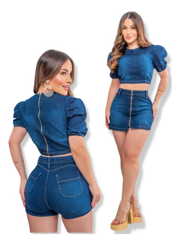 Conjunto Feminino Blusa E Short Saia Jeans