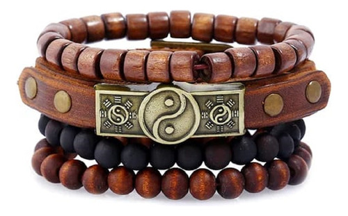 Conjunto Pulsera Cuero Yin Yang Cuencas Madera 4 En 1