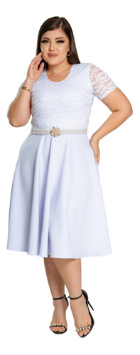 Vestido Plus Size Midi Godê Noiva Moda Evangélica + Cinto