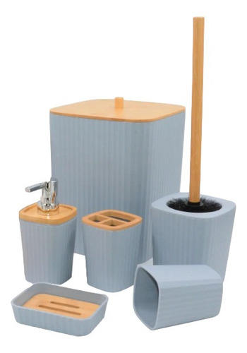 Set Baño X6 Bambu Plastico Cesto Dispenser Escobilla Jabon