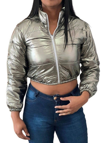 Jaquetinha Metalizada Puffer Curta Feminina Forrada