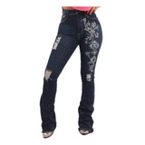 Calça Jeans Azul Feminina Lavada Bordada Strass Moda Country